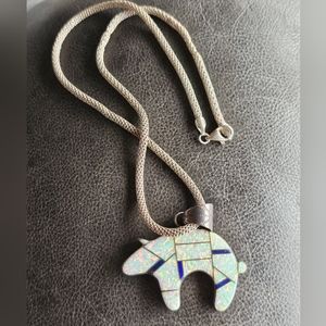 Signed large bear opal necklace. Stamped VV sterling. Most likely native america
